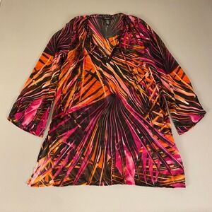 Cejon Cover-Up Tunic Top XL Palm Print Sheer Orange Pink Beaded V-Neck NWT